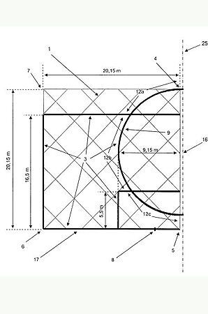 Ordinary field boundaries on grass pitches have to be constantly retraced with the chalk wagon. This is because the grass is regularly mowed and because the applied marking is affected by the weather. Although it is also possible to pre-work with a stencil (DE 10 2008 019 514 A1, in the picture), for example, if there are hardly any reference points for the correct line geometries on the field. Despite this, the final line appearance of the field depends only on the skill of the chalk wagon operator. (Image:DPMA)