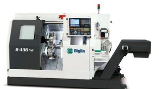Voici le modèle B436Y2 de la marque Biglia, un tour efficace, compact et rapide doté de 2 révolvers, deux axes Y, d'une CNC Mitsubishi ainsi qu'une broche principale et de reprise pour des diamètres de maximum 36 mm. (bwbag.ch)