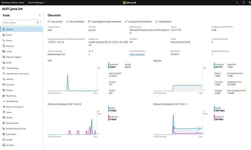 Bereits in der Übersicht zeigt das Windows Admin Center auch viele relevante Sicherheitsoptionen an. (Th. Joos)