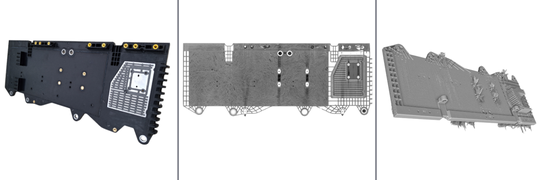 Montageträger-Demonstrator in TSG-Composite-Sandwich-Technologie: Der Demonstrator vereint Leichtbau durch Sandwich-Design, im Spritzgussverfahren realisierte Formgestaltung und Serientauglichkeit, integrierte Funktionalität durch Einsätze und adaptierte Leistungselektronik mit optimiertem Abwärme-Konzept. Draufsicht (links), Schnittansicht im CT-Scan (Mitte) und Iso-Ansicht im CT-Scan (rechts).(Bild:  Fraunhofer IMWS)