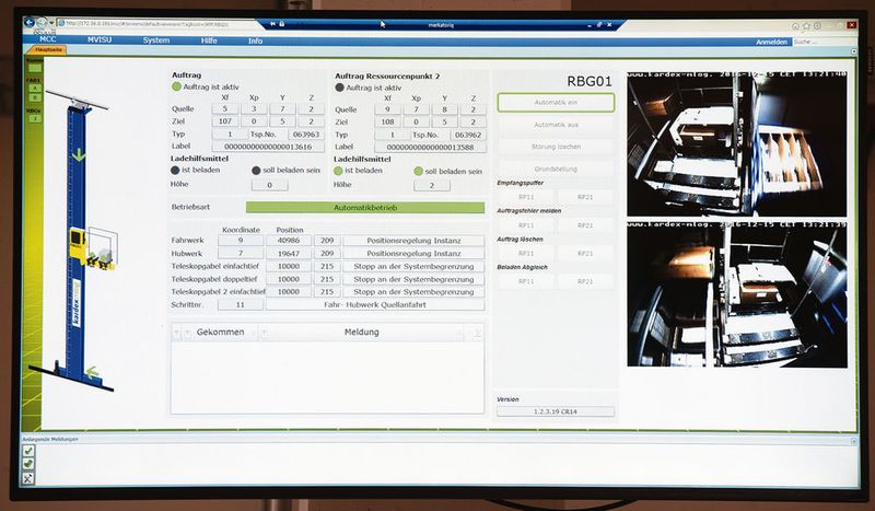 Die Visualisierung mit Zoomfunktion zeigt die aktuellen Betriebszustände der Anlage sowie einzelner Teile davon, wie Fördertechnik, Regalbediengerät oder Brandschutztore. (Kardex Remstar)