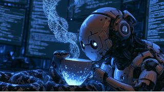 Bildmetapher: Die Schlange steht für Python, das Kaffeetassensymbol für Java und der KI-Bot für neue Zeiten im Coding-Geschäft. (Bild: Midjourney / KI-generiert)