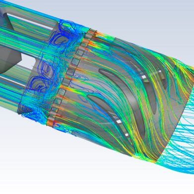 Das Bild zeigt die Wege des durch die Einspritzdüse fließenden Dihydrogens, das durch Schaufeln im Inneren des Kanals verwirbelt wird. (Bild: Ansys)