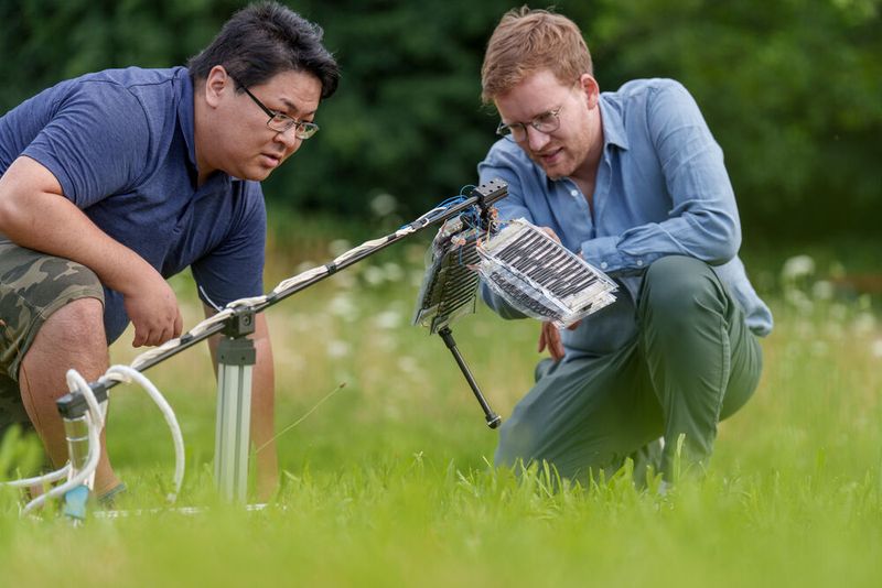 Buchner (rechts) erklärt: „Sobald wir Spannung an die Elektroden anlegen, ziehen sie sich aufgrund statischer Elektrizität gegenseitig an. Wenn ich einen Luftballon an meinem Kopf reibe, bleiben meine Haare aufgrund der gleichen statischen Elektrizität am Ballon haften.“ (Bild: MPI für Intelligente Systeme/Wolfram Scheible)