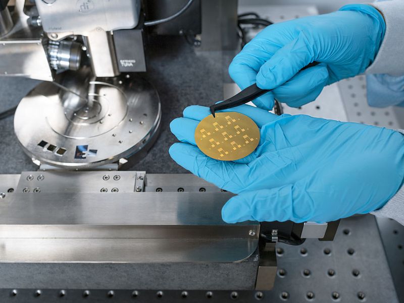 Silizium-Wafer, beschichtet mit Nanocomposit-Material aus polymerumhüllten Silizium-Nanoblättchen (Uli Benz / TU Muenchen)