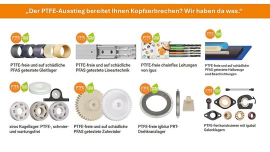 Breite Auswirkung auf die Automatisierung: Der Verzicht auf PTFE betrifft nicht nur Gleitlager, sondern auch Lineartechnik, Zahnräder und vor allem Leitungsisolierungen („chainflex“), die für den Maschinenbau essenziell sind.(Bild:  Igus)