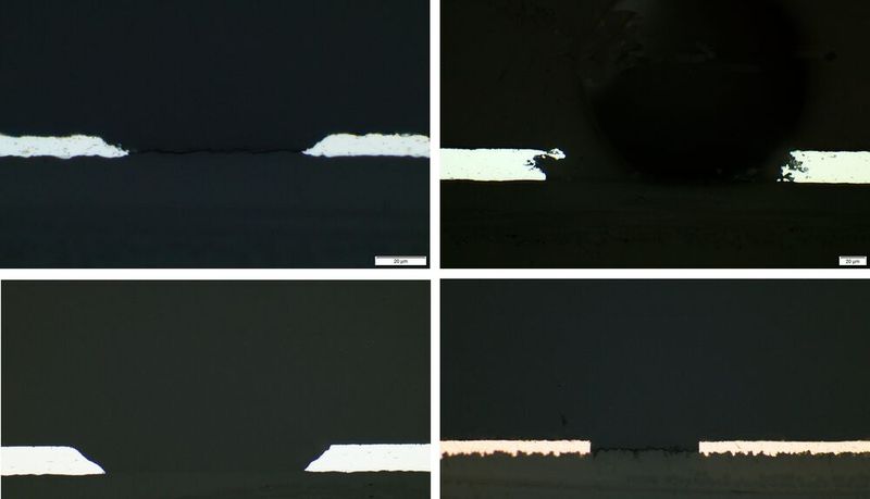 Bild 6: Querschliffaufnahmen geätzter Aluminiumstrukturen in Abhängigkeit des Ätzmediums:  links oben) Ätzmedium: TechniEtch, Aluminiumstärke: 8 µm;  rechts oben) Ätzmedium: FeCl3, Aluminiumstärke: 25 µm;  links unten) Ätzmedium: alkalisch, Aluminiumstärke: 25 µm und  rechts unten) Referenz: Kupferfolie (Stärke: 9 µm) (Bild: KSG)