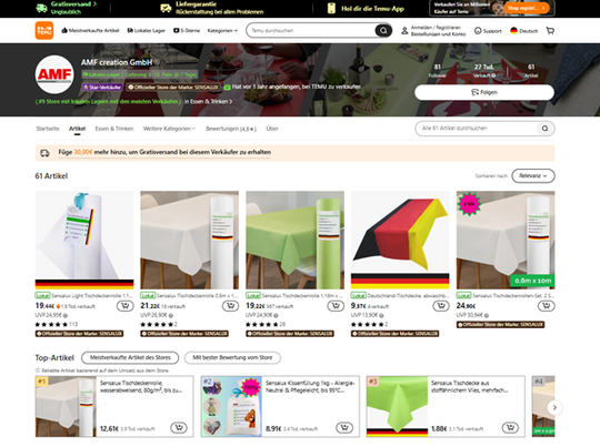 AMF Creation, Hersteller von hochwertigen Vliesstoffen, hat einen eigenen Temu-Shops im September 2024 in Betrieb genommen.(Bild:  Temu)