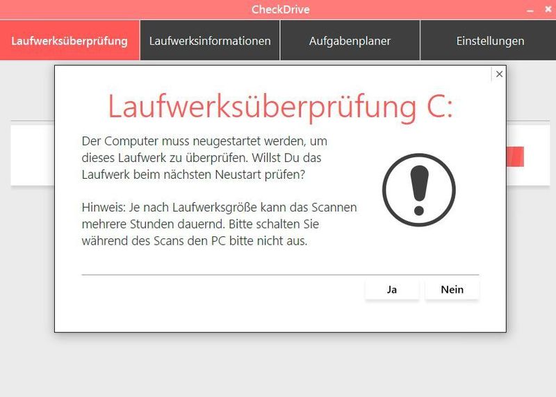 Für eine Laufwerksüberprüfung muss der Computer neu gestartet werden. (Joos/Abelssoft (Screenshot))