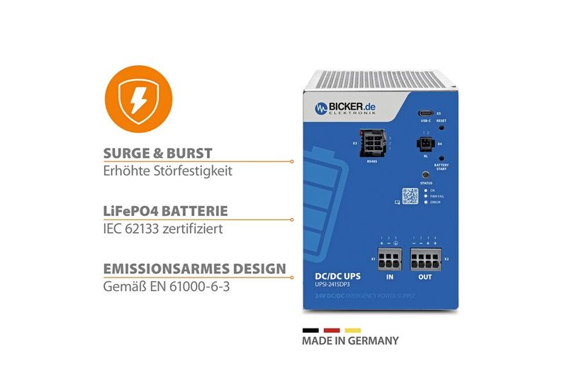 Die unterbrechungsfreie Stromversorgung UPSI‑2415DP3 von Bicker schützt zuverlässig 24V‑Applikationen. Bei Netzstörungen schaltet die Steuerung in Sekundenbruchteilen auf Batteriebetrieb und sorgt so für maximale Ausfallsicherheit. (Bild: Bicker)