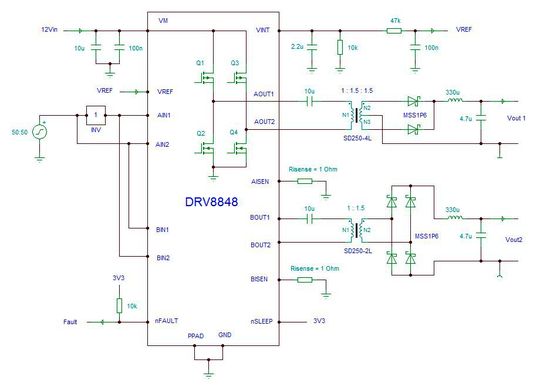 Bild 1: Implementierung zweier per Übertrager isolierter H-Brücken-Wandler auf Basis des DRV8848. Bild 1: Implementierung zweier per Übertrager isolierter H-Brücken-Wandler auf Basis des DRV8848.