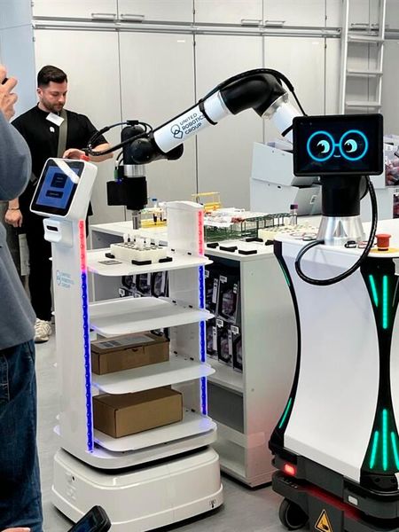 ... übergibt sie dem mobileren Roboter für den Weitertransport.  (Bild: © Serina Sonsalla)
