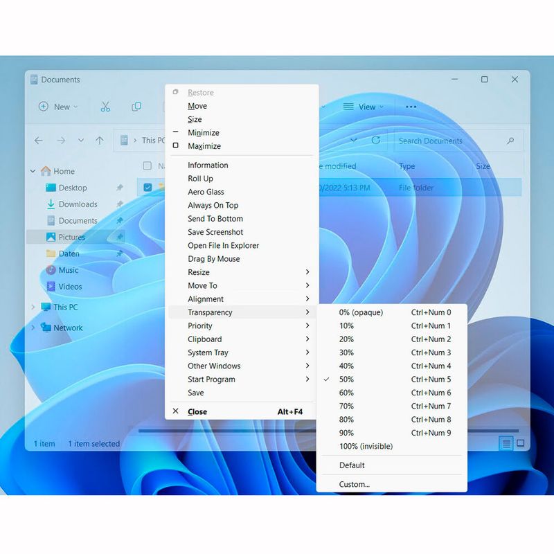 SmartSystemMenu kann den Explorer auch transparent darstellen.