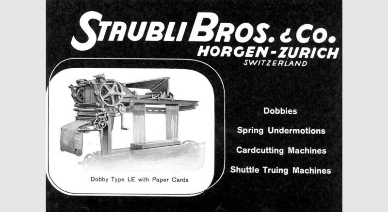 1906: Werbung für die erste Schaftmaschine mit Zwangslauf des Muster-kartenzylinders. (Stäubli)