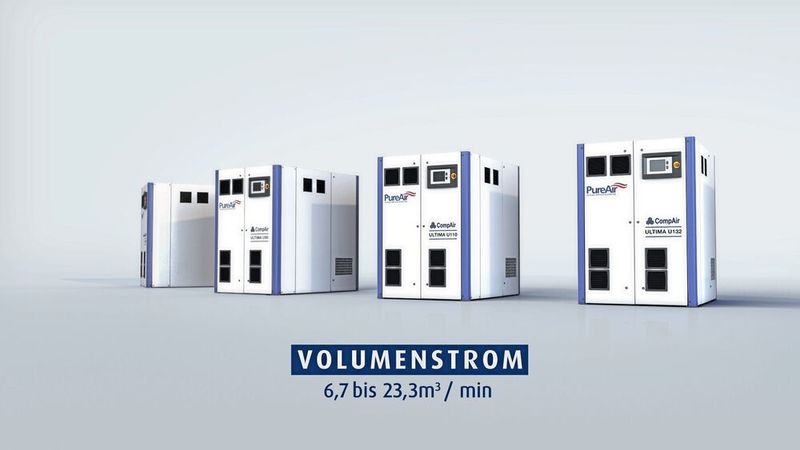 Die neue Ultima-Baureihe in den Leistungsabstufungen von 75 kW bis 160 kW deckt ein Volumenstromspektrum von 6,7 bis 23,3 m³/min ab. (Compair)