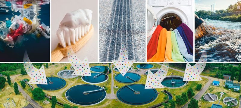 Abb. 1: Mikroplastik gelangt über verschiedene Eintragspfade in unser Abwassersystem.(Bild:  © Mulderphoto; © Lina / KI; © Luoxi; © Mario Hoesel; © kalcutta; © OpticalDesign / KI - stock.adobe.com)