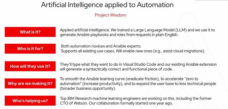 Abbildung 8: Mit „Project Wisdom“ will IBM die hier aufgezählten KI-Funktionalitäten in „Ansible“ integrieren, beispielsweise um ein Playbook automatisiert zu erstellen.  (Bild: Red Hat / Matzer)