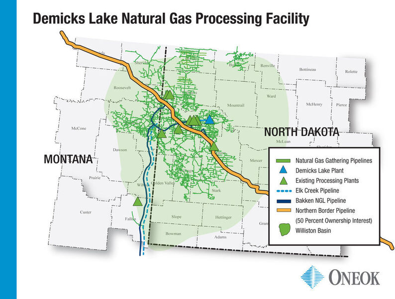 The project includes a new 200-million cubic feet per day (MMcf/d) natural gas processing facility – the Demicks Lake plant and related infrastructure – in the Williston Basin. (Oneok)