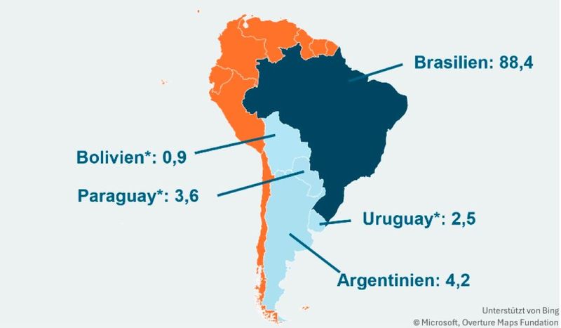 Elektromärkte im Mercosur-Verbund: Marktvolumina in Mrd. €, 2025 (Quelle: Nationale statistische Ämter und ZVEI-eigene Berechnungen, *2023) (Bild: ZVEI)