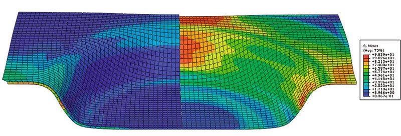 Für die komplette Prozesskette zur Herstellung von Tiefziehteilen aus Stahl-CFKl-Halbzeugen wurde ein Materialmodell entwickelt. Es bildet beispielsweise die Spannungen im Bauteil nach dem Umformen ab (links: Hybrid aus Grundblech und CFK-Prepreg; rechts: Grundblech). (Bild: ILH, Universität Paderborn)