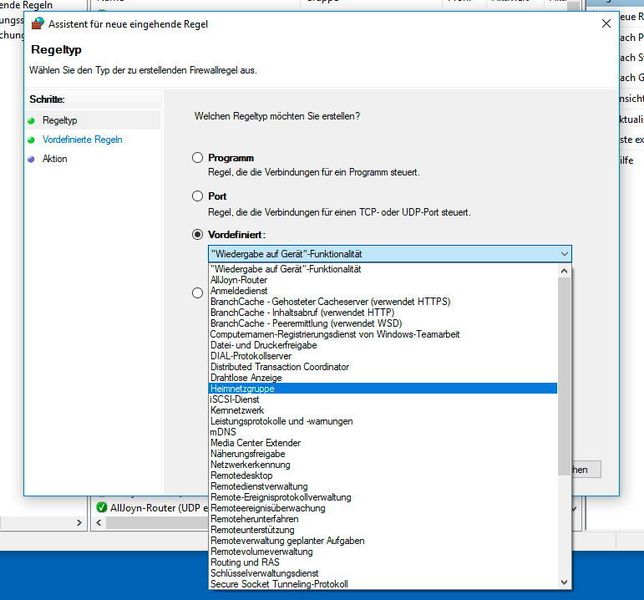 Über den Bereich „Vordefiniert“ lassen sich einzelne Funktionen in Windows über die Windows Defender Firewall blockieren. (Th. Joos)