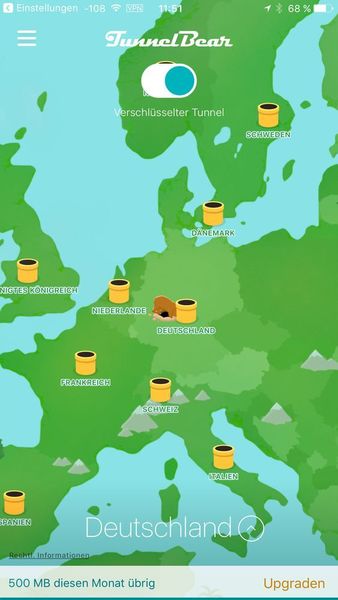 Tunnelbear VPN ist ebenfalls schnell einsatzbereit und bietet einige Knoten in Europa. (Joos / Tunnelbear)