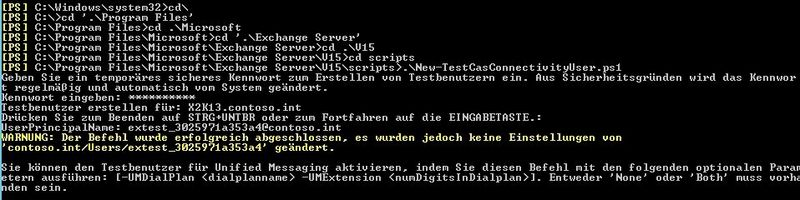 Abbildung 3: In der Exchange-Verwaltungsshell legen Sie auf Wunsch Test-Benutzer an, mit denen Sie die Verbindung von Outlook zu Exchange überprüfen können. (Bild: Joos)