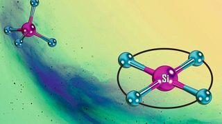Veränderung der natürlichen tetraedrischen Struktur des Siliziums (oben links) in eine ungewöhnliche quadratisch-planare Geometrie (unten rechts).  (Ebner/Greb (Heidelberg))