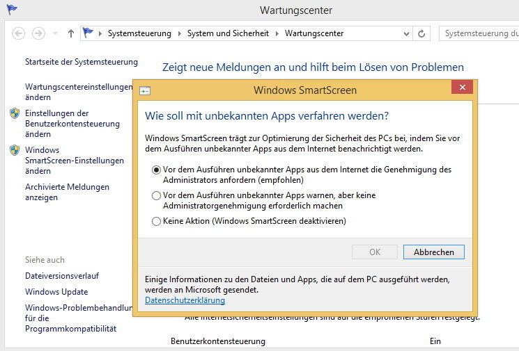Windows 8 verwendet den Smartscreen-Filter des Internet Explorer nicht mehr nur, um Programme aus dem Internet zu überprüfen. Windows 8 überprüft alle Programme und sperrt sie vom Start aus, wenn sie gefährlich für das System sind. Die Optionen dazu finden sich im Wartungscenter. (Bild: Archiv)