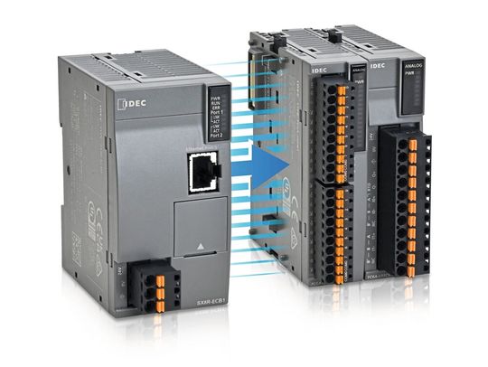 Das Remote-I/O-Modul SX8R von APEM/IDEC bindet FC6A-I/O-Module in IPC-, Software-SPS- und Fremdsteuerungen ein und adressiert sie über offene Ethernet-Protokolle.(Bild:  APEM/IDEC)