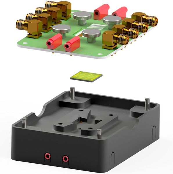 Explosionszeichnung des Messadapters mit Position des AX1580 Chips. Die roten Buchsen kontaktieren das Gate, die SMA-Buchsen kontaktieren je ein Source-Drain-Paar. (Bild: Fraunhofer IPMS)