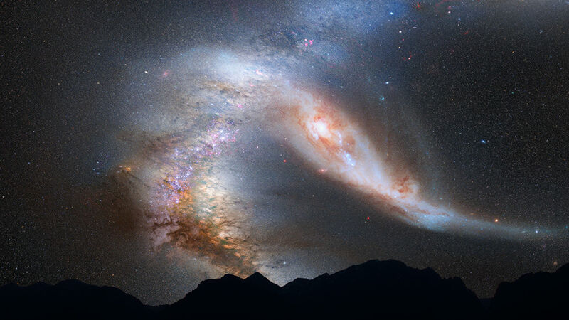 Auf Kollisionskurs: Die Milchstraße und der Andromeda-Nebel. Die gute Nachricht: Bis zum Zusammenstoß der beiden Galaxien werden noch rund vier Milliarden Jahre vergehen... (NASA/STScl)