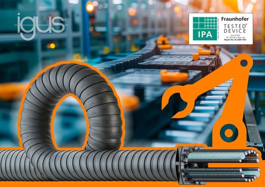 Highest safety in battery production! Because Triflex R TRC made of ESD material from Igus receives the best possible dry clean room certification for ISO Class 4-5.(Picture: Igus)