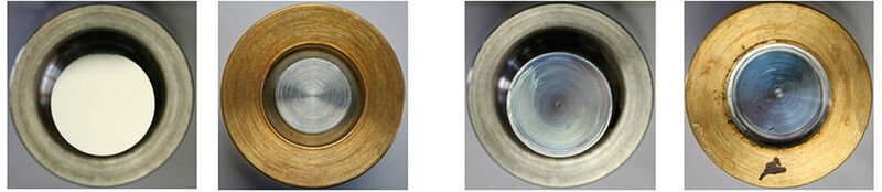 Werkzeug- und Werkstückprobe des Druck-Torsions-Tribometers: vor (links) und nach dem Test (rechts). Das makroskopische Verschleißbild wird nach den Versuchen durch verschiedene Mikroskopieverfahren genauer bestimmt. (Bild: IBF)