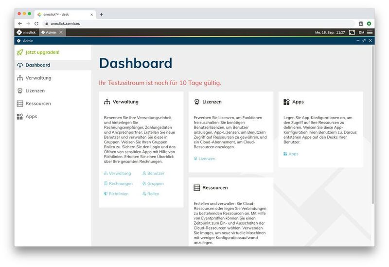 Das Dashboard der Admin App gibt neuen Anwendern einen Überblick über die vorhandenen Funktionen. (oneclick)