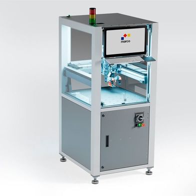Das ist der Marc3 System in der Basisversion. Es handelt sich um einen hochpräzisen und dynamisch arbeitenden Dosierroboter für genaueste Applikationen. Zu sehen bei Marco auf der Motek in Halle 6 ... (Bild: Marco)