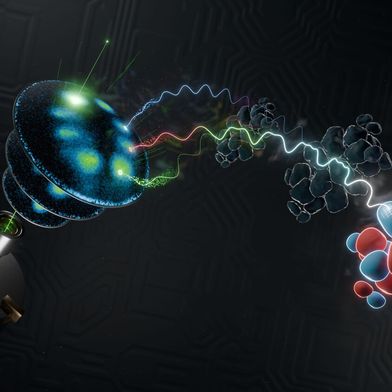 Illustration des Verfahrens, womit die Elektronenorbitalen dreidimensional abgebildet wurden. v.l.: Auslösung eines Elektrons aus dem Molekül; der dreidimensionale Rohdatensatz; Transformation der Daten mithilfe eines Computeralgorithmus; und die dreidimensionale Abbildung. (Bild: Lukas Kroll)