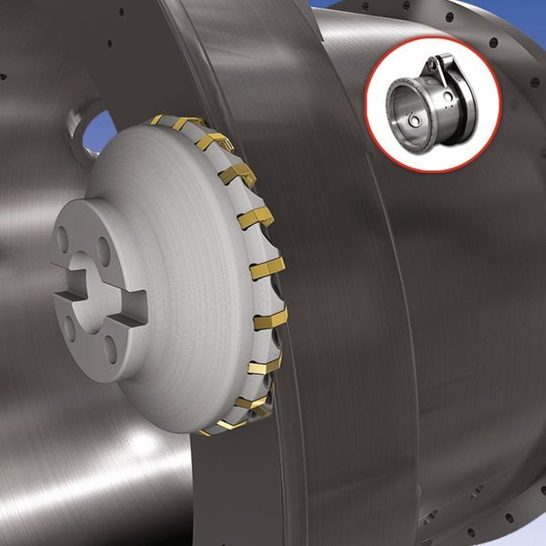 Bild 3: Schematische Darstellung einer Fräsbearbeitung mit dem 16-Mill-Planfräser an einem Rotorblattadapter. Der Fräser hat 16 Schneidkanten.  (Bild: Iscar)
