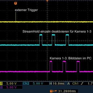 Drei Kameras stehen auf StreamHold und werden über den externen Trigger gleichzeitig ausgelöst.