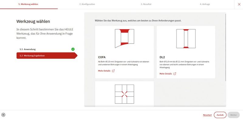 Ansicht des «Tool Selectors» mit Auswahl der Entgratlösung, die optimal zu den Anforderungen des Anwenders passt. (Bild: Heule)