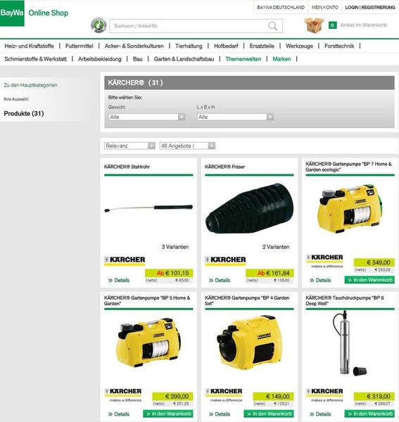 Auf diese Weise gelangt man beispielsweise schnell und unkompliziert zum gesamten Artikelangebot der Firma Kärcher.  (BayWa – Screenshot www.baywa.de/shop/marke/kaercher)