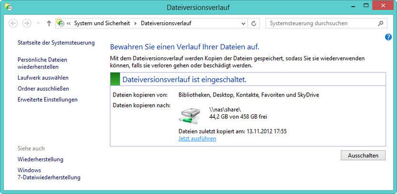 Über den Dateiversionsverlauf in Windows 8 lassen sich Daten im Netzwerk sichern und von den Anwendern selbständig wiederherstellen. Die Funktion ist in der Systemsteuerung zu finden.  Jene Unternehmen, die Windows Server 2012 Essentials einsetzen, profitieren automatisch vom Dateiversionsverlauf. (Bild: Archiv)