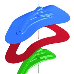 Bild 2: Darstellung der Tiefziehwerkzeuge und ihrer Wirk-richtung; Matrize (blau), Blechhalter (rot) und Stempel (grün).
