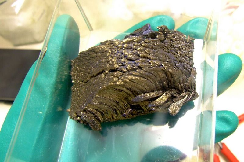 Europium weist aufgrund seiner Elektronenkonfiguration eine deutlich geringere Dichte sowie einen niedrigeren Schmelz- und Siedepunkt auf als die benachbarten Elemente. Es ist das chemisch reaktivste Seltenerdmetall. Es wird vor allem als Dotierungsmittel für die Produktion von Leuchtstoffen eingesetzt, die etwa in Kathodenstrahlröhrenbildschirmen, welche früher hauptsächlich für Computerbildschirme und Fernseher verwendet wurden sowie für Flugzeuginstrumente benötigt werden, und in Kompaktleuchtstofflampen eingesetzt werden. (Bild: Eu-Block / Alchemist-hp / CC BY-SA 3.0)