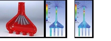 Die Airbox nach der Optimierung mit Luftleitblechen. Simulation der Luftströmung vorher: Die Luft gelangt nur über Umwege in den Zylinder. (Bild: Ansys)