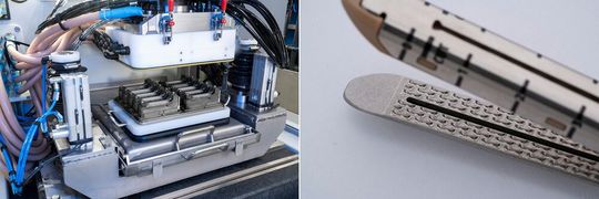 Das PECM-Verfahren wird unter anderem zur Herstellung medizintechnischer Produkte, hier ein Stapler (Klammergerät) zum Verschließen von Wunden durch Klammern, eingesetzt. Die Mikrostrukturierung erfolgt in einem Mehrfachwerkzeug.(Bild:  Emag ECM)