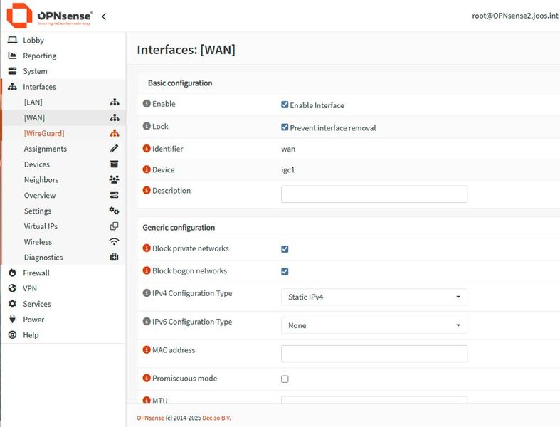 Die Interface-Konfiguration definiert Aktivierung, IPv4-Modus und grundlegende Netzwerkeinstellungen für das WAN-Interface. (Bild: Joos)