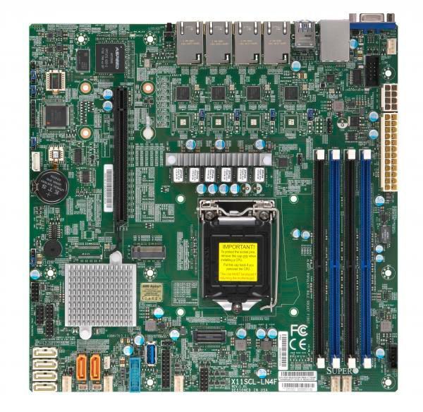 Das X11SCL-LN4F bietet sogar vier Gbit-Ethernet-Ports. Dafür ist hier nur noch ein PCIe-3.0-Erweiterungsslot mit 16 Lanes vorhanden. (Supermicro)