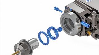 Diagram show the interface between an EWS Varia base unit (right), which remains in the lathe turret, and a toolholder and cutter mounted in a quick-change adapter. This rapid tool exchange mechanism is used across the company’s entire range of VX, VXT and VXP lathe toolholders. (Source: EWS)