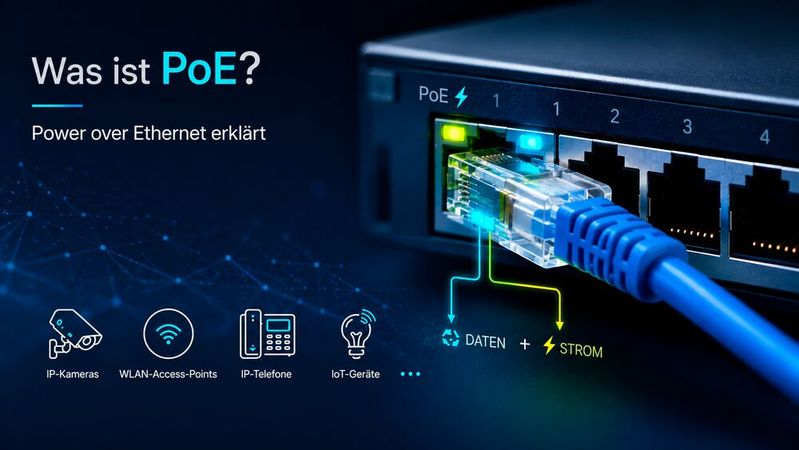 Mit PoE überträgt das Ethernetkabel nicht nur Daten, sondern liefert auch die für den Betrieb von Geräten wie IP-Telefonen oder WLAN-Accesspoints benötigte elektrische Energie.(Bild:  ChatGPT / KI-generiert)